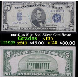 1934D $5 Blue Seal Silver Certificate . . Grades vf++