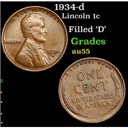 1934-d Lincoln Cent 1c Grades Choice AU