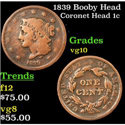 1839 Booby Head Coronet Head Large Cent 1c Grades vg+