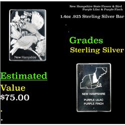 New Hampshire State Flower & Bird Purple Lilac & Purple Finch 1.4oz .925 Sterling Silver Bar Grades