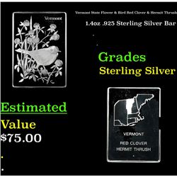 Vermont State Flower & Bird Red Clover & Hermit Thrush 1.4oz .925 Sterling Silver Bar Grades