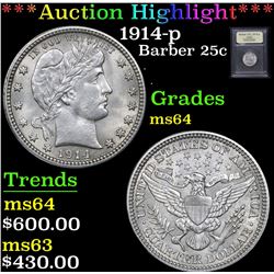 ***Auction Highlight*** 1914-p Barber Quarter 25c Graded Choice Unc By USCG (fc)