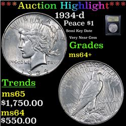 ***Auction Highlight*** 1934-d Peace Dollar $1 Graded Choice+ Unc By USCG (fc)