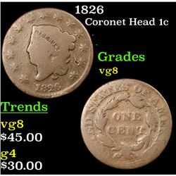 1826 Coronet Head Large Cent 1c Grades vg, very good