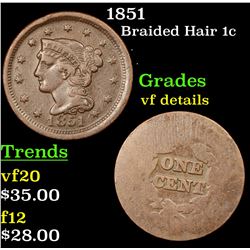 1851 Braided Hair Large Cent 1c Grades vf details