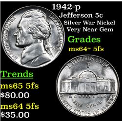 1942-p Jefferson Nickel 5c Grades Choice Unc+ 5fs