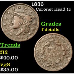 1836 Coronet Head Large Cent 1c Grades f details