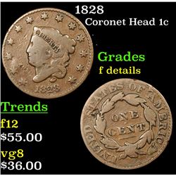 1828 Coronet Head Large Cent 1c Grades f details