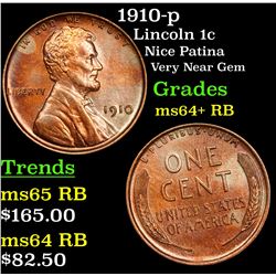 1910-p Lincoln Cent 1c Grades Choice+ Unc RB