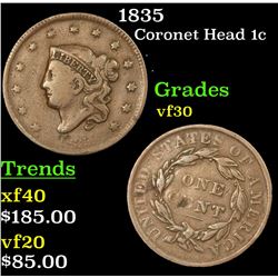 1835 Coronet Head Large Cent 1c Grades vf++