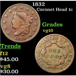 1832 Coronet Head Large Cent 1c Grades vg+