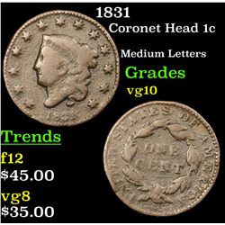 1831 Coronet Head Large Cent 1c Grades vg+