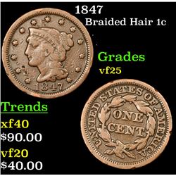 1847 Braided Hair Large Cent 1c Grades vf+