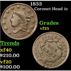 1833 Coronet Head Large Cent 1c Grades vf+