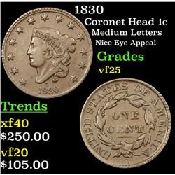 1830 Coronet Head Large Cent 1c Grades vf+
