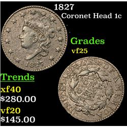 1827 Coronet Head Large Cent 1c Grades vf+