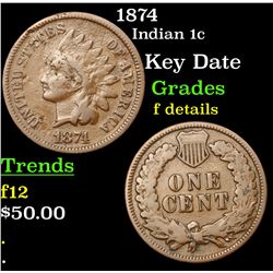 1874 Indian Cent 1c Grades f details
