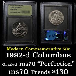 1992-d Columbus . . Modern Commem Half Dollar 50c Graded ms70, Perfection By USCG