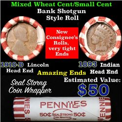 Mixed small cents 1c orig shotgun roll, 1910-d Wheat Cent, 1893 Indian Cent other end