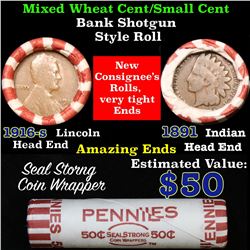 Mixed small cents 1c orig shotgun roll, 1916-s Wheat Cent, 1891 Indian Cent other end