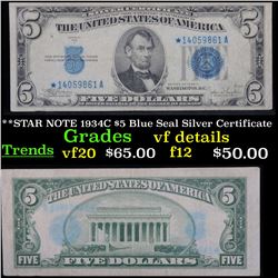 ***STAR NOTE 1934C $5 Blue Seal Silver Certificate . . Grades vf details