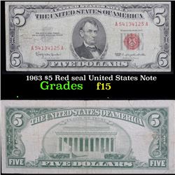 1963 $5 Red seal United States Note . . Grades f+