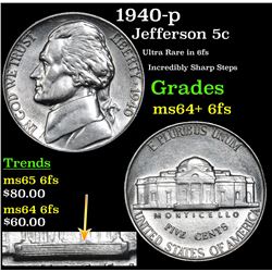1940-p Jefferson Nickel 5c Grades Choice Unc+ 6fs