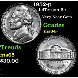 1952-p Jefferson Nickel 5c Grades Choice+ Unc