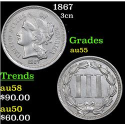 1867 Three Cent Copper Nickel 3cn Grades Choice AU