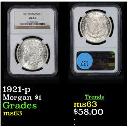 NGC 1921-p Morgan Dollar $1 Graded ms63 By NGC
