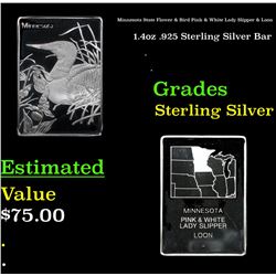 Minnesota State Flower & Bird Pink & White Lady Slipper & Loon 1.4oz .925 Sterling Silver Bar Grades