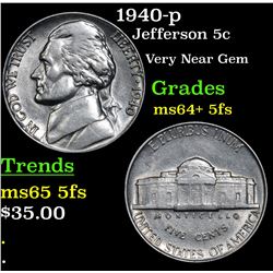 1940-p Jefferson Nickel 5c Grades Choice Unc+ 5fs