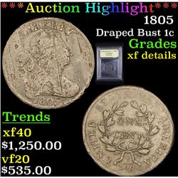 ***Auction Highlight*** 1805 Draped Bust Large Cent 1c Graded xf details By USCG (fc)