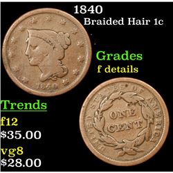 1840 Braided Hair Large Cent 1c Grades f details