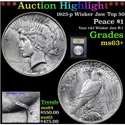***Auction Highlight*** 1923-p Wisker Jaw Top 50 Peace Dollar $1 Graded Select+ Unc By USCG (fc)