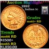 Image 1 : ***Auction Highlight*** 1892 Indian Cent 1c Graded Gem+ Unc RD By USCG (fc)