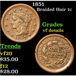 1851 Braided Hair Large Cent 1c Grades vf details