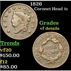 1826 Coronet Head Large Cent 1c Grades vf details