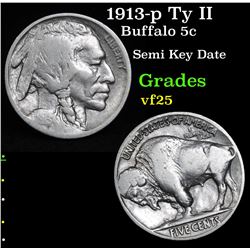 1913-p Ty II Buffalo Nickel 5c Grades vf+