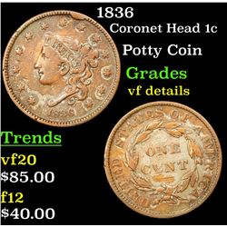 1836 Coronet Head Large Cent 1c Grades vf details