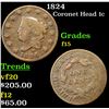 Image 1 : 1824 Coronet Head Large Cent 1c Grades f+