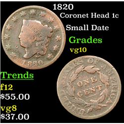 1820 Coronet Head Large Cent 1c Grades vg+