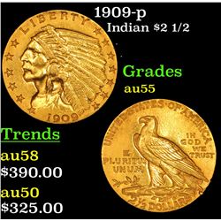 1909-p Gold Indian Quarter Eagle $2 1/2 Grades Choice AU