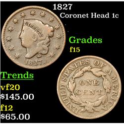 1827 Coronet Head Large Cent 1c Grades f+