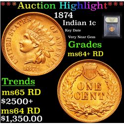***Auction Highlight*** 1874 Indian Cent 1c Graded Choice+ Unc RD By USCG (fc)