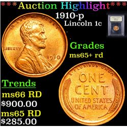***Auction Highlight*** 1910-p Lincoln Cent 1c Graded Gem+ Unc RD By USCG (fc)
