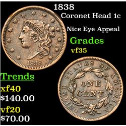 1838 Coronet Head Large Cent 1c Grades vf++