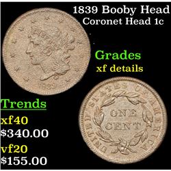 1839 Booby Head Coronet Head Large Cent 1c Grades xf details