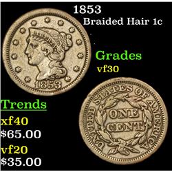1853 Braided Hair Large Cent 1c Grades vf++