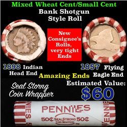 Mixed small cents 1c orig shotgun roll, 1857 Flying Eagle Cent, 1898 Indian Cent other end